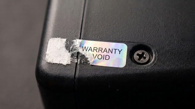 Broken warranty void holographic sticker seal on black electronic device casing
