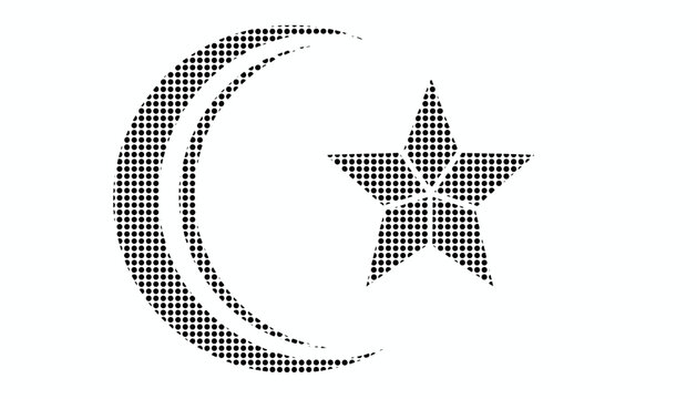 Stylized crescent moon and star symbol presented with a modern retro halftone dot pattern texture.