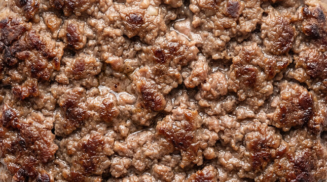 Coarsely comminuted beef protein matrix with irregular browned crust and visible compact meat granu