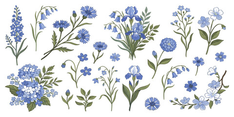 Fototapeta premium Blue garden flowers collection vector elements featuring cornflower hydrangea iris and forgetmenot blooming bouquets