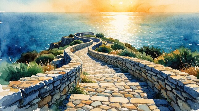 Winding stone pathway leads down to sparkling sea at sunset. Watercolor art shows coastal cliff with lush green bushes and ocean waves under warm sky.
