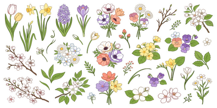  Spring blooming flowers and tree branch bouquets collection featuring tulips daffodils pansies and cherry blossoms,