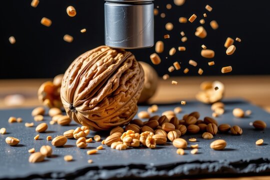 Walnut shell shatters, sending pieces flying