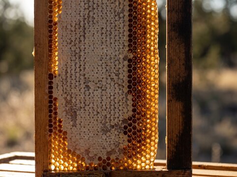 Comb frames drawn from a hive showing capped cells in raking light