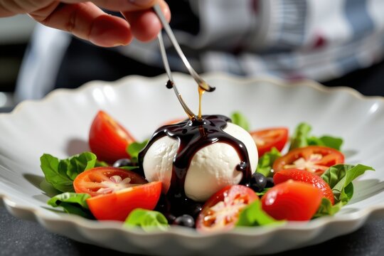 Hand drizzles dark sauce over fresh mozzarella