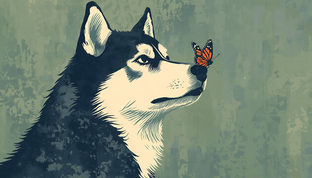 Illustration of a dog and a butterfly.