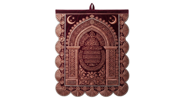 Ornate Islamic prayer rug with mihrab design, burgundy velvet sejadah with gold embroidery, traditional Muslim prayer mat isolated PNG with Transparent Background