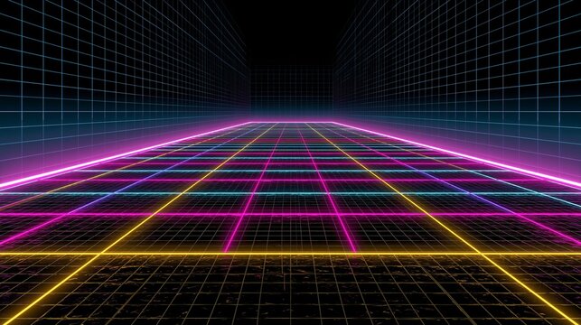A futuristic digital grid with neon lights and a dark background