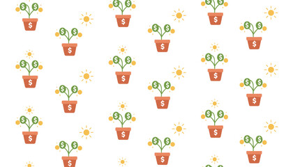 Obraz premium Seamless background pattern of potted money trees with dollar signs and gold coins under small glowing suns.
