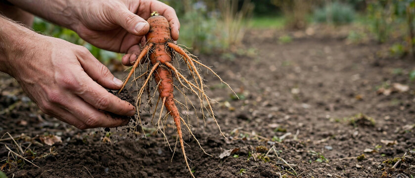 Freshly harvested organic carrot with roots, gardener hands holding raw vegetable in garden soil, homegrown produce and sustainable farming