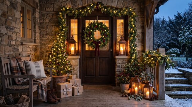 Cozy Christmas porch with festive wreath and glowing lights. Rustic stone house entrance decorated for winter holidays. Warm outdoor holiday decor.
