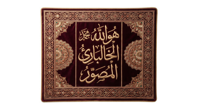 Islamic Arabic calligraphy on velvet tapestry, gold embroidery religious wall art, traditional burgundy textile with Quranic script isolated PNG with Transparent Background