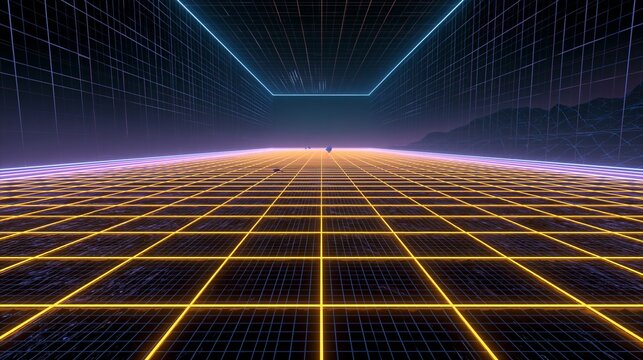 A futuristic digital grid with neon lights and a dark background