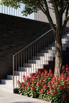 Step down ata stone staircase with metal bars against brick wall set eye, with large tree, shadows passing through bars, littering stpic below, surrounded by bold red plants above tidy bricks in