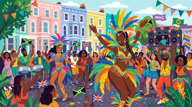 Caribbean carnival festival parade in city street.