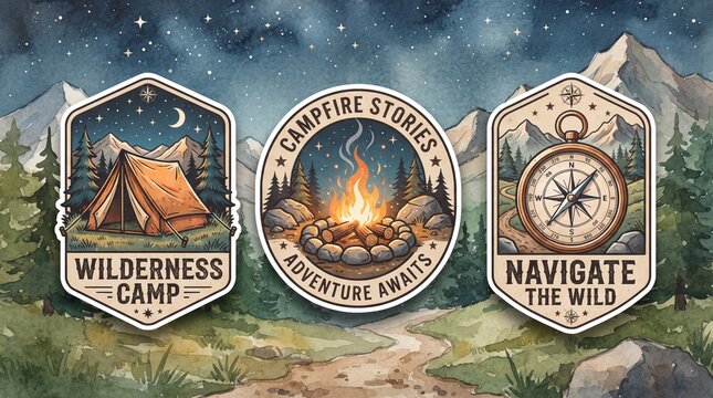 Set of Vintage Camping Adventure Stickers with Tent, Campfire, and Compass Illustrations for Wilderness Exploration and Outdoor Travel Badges