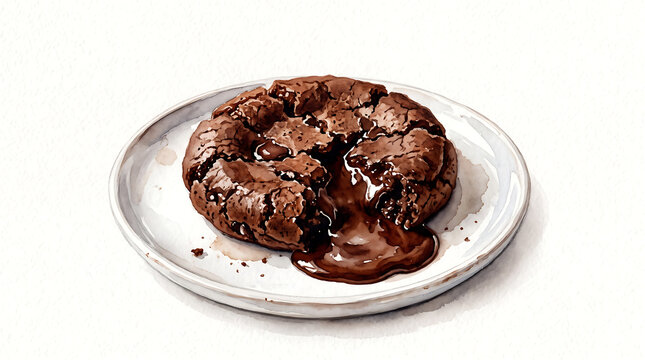 Delicious gooey chocolate lava cookie illustration on a white plate