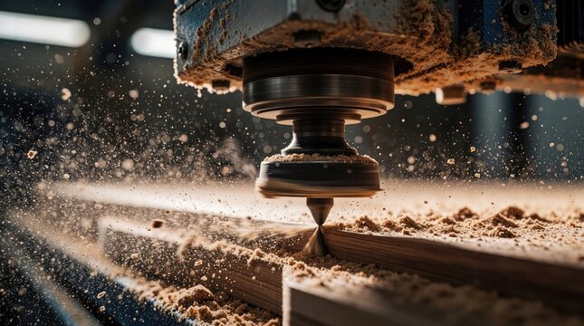 Woodworking machine cuts timber creating fine dust. CNC router shapes wood with precision bit. Sawdust flies creating dynamic motion in workshop.