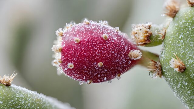 Macro Close-up of Prickly Pear Cactus Fruit with Frost  