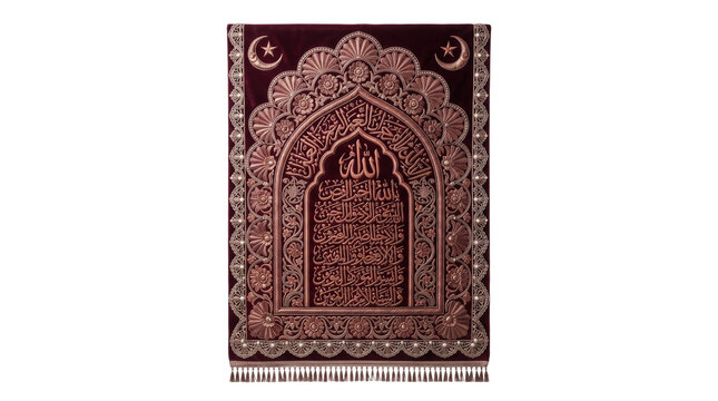 Islamic prayer rug with ornate mihrab design, traditional burgundy velvet sejada, elegant prayer mat with Arabic calligraphy isolated PNG with Transparent Background