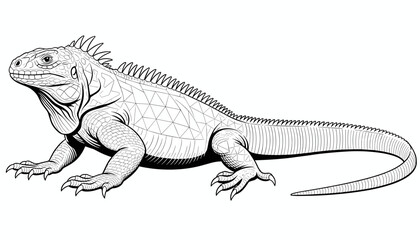 Fototapeta premium Highly detailed black and white engraving style illustration of a large iguana lizard on a pure white background.