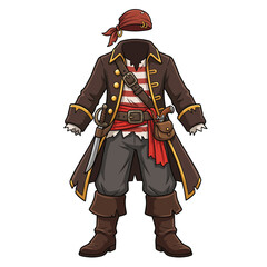 Obraz premium Detailed Pirate Captain Costume Set Featuring Classic Brown Coat Striped Shirt and Red Headband Illustration