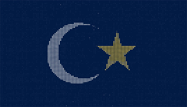 Turkish national symbol of crescent moon and star designed with digital golden pixels on a high tech grid background.
