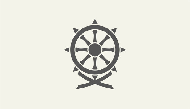 Buddhist dharmachakra wheel of law spiritual symbol of dharma and path to enlightenment isolated on beige background.