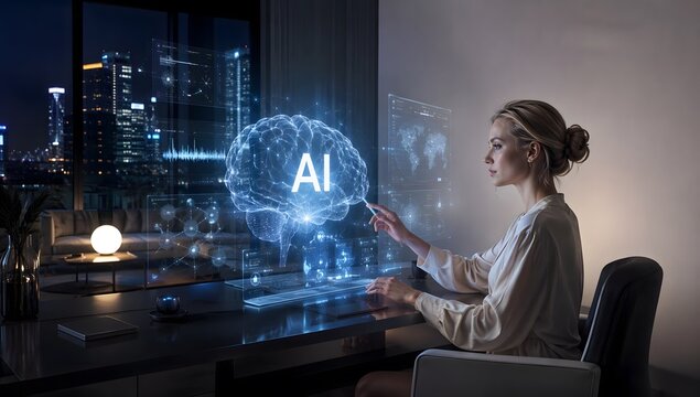 Businesswoman interacting with holographic glowing AI brain virtual interface late at night in modern office interior room