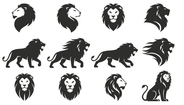 Collection of twelve lion head and body silhouettes representing wild predators strength leadership and power logo templates.
