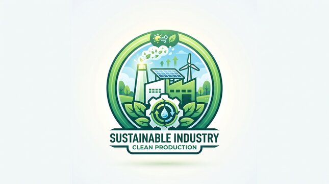 Sustainable Industry and Clean Production Emblem Featuring Solar Panels, Wind Turbines, and Eco-Friendly Factory Manufacturing Concept
