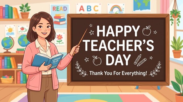 Female teacher standing in front of blackboard with happy teachers day text