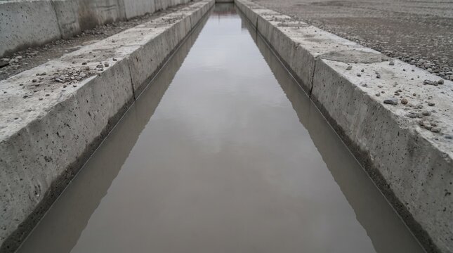 A diaphragm wall guide trench standing full between concrete walls