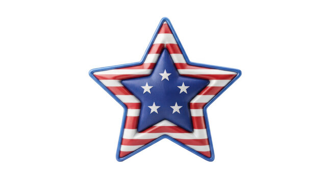 Shiny 3d star icon with red white and blue american flag pattern isolated on transparent background