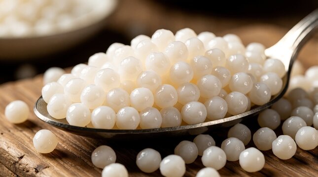 Macro closeup of white sago pearls on metal spoon. Tiny round tapioca grains spill onto rustic wooden table. Raw starch ingredient for cooking sweet dessert pudding bubble tea preparation. Natural