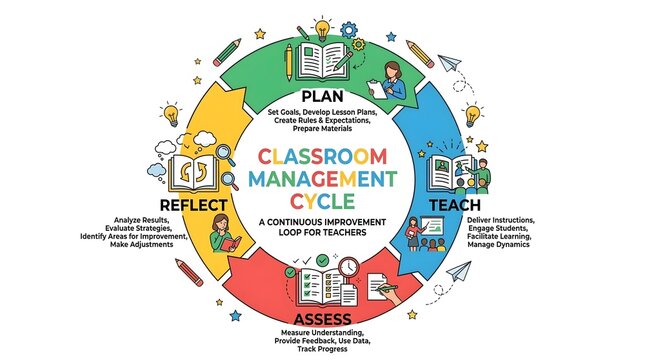 Classroom management cycle infographic, continuous improvement loop for teachers, educational planning and teaching process diagram