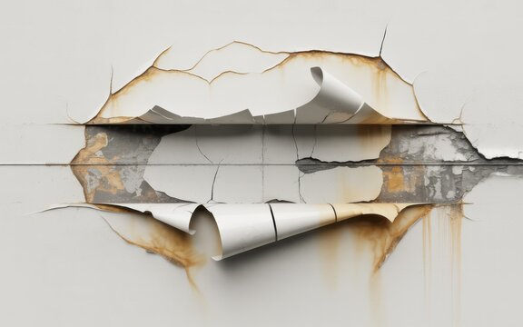 Torn white plaster wall with rusted horizontal slit revealing inner structure.