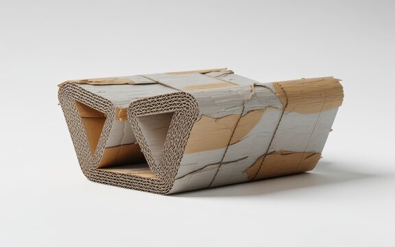 Abstract sculptural form made from corrugated cardboard with weathered white paint on neutral studio background.