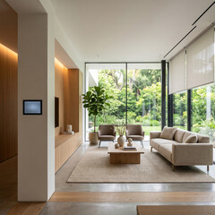 Fototapeta premium Modern Living Room Interior with Elegant Furniture, Cozy Fireplace, Large Windows, Stylish Decor and Comfortable Sofa in a Luxurious Contemporary Home