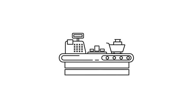 Supermarket checkout counter with cash register and shopping cart icon