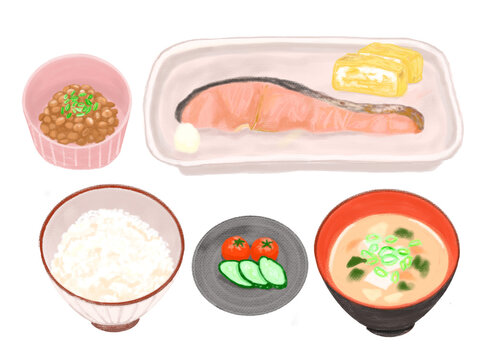 ご飯・納豆・味噌汁・漬物・鮭・卵焼き・トマトが乗った和食の朝ごはんイラストセット
