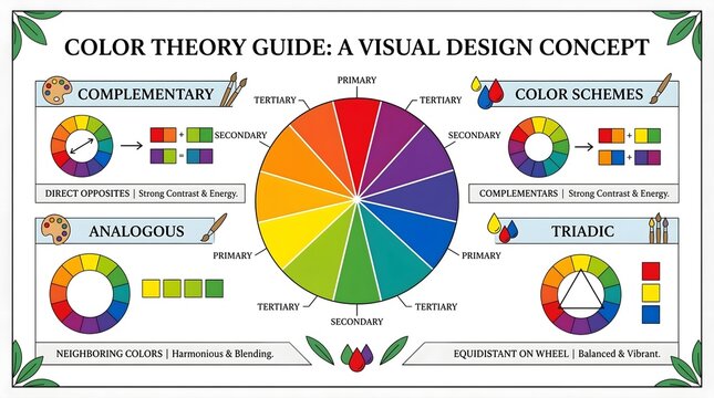 Color theory guide poster, visual design concept with chromatic wheel. Educational infographic for complementary, analogous, and triadic schemes.