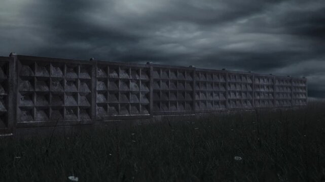 Concrete fence on a field under cloudy sky. Looped animation