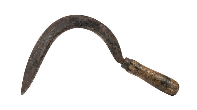Authentic vintage long sickle with wooden handle, perfectly isolated on a transparent background, depicting an essential agricultural farming hand tool for traditional harvesting