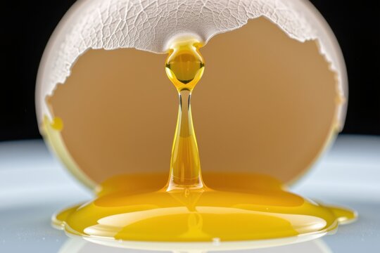 Golden yolk drips from cracked eggshell