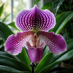 Fototapeta premium Paphiopedilum orchid blooms with striking purple and white patterns. Lush green leaves surround the exotic flower, creating an indoor botanical display. Natural light filters through.