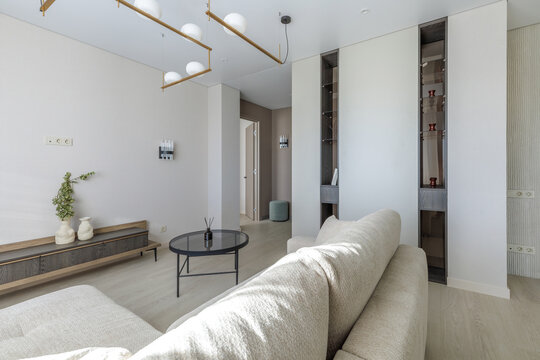 Modern Living Room Interior with Sofa, TV Console, and Shelving Partition