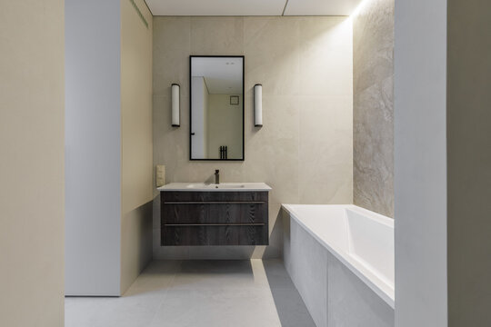 Modern Bathroom Interior View with Vanity and Bathtub