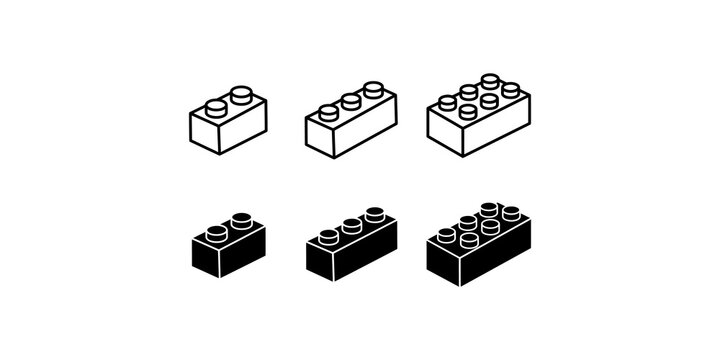 Black and white outline and solid lego blocks various sizes arranged on transparent checkered background for design elements.