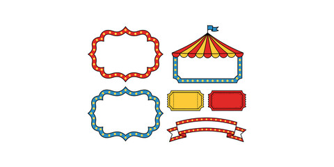 Carnival circus marquees and ticket stubs in bright festive primary colors for carnival event invitations and festival designs. © Png World Collection